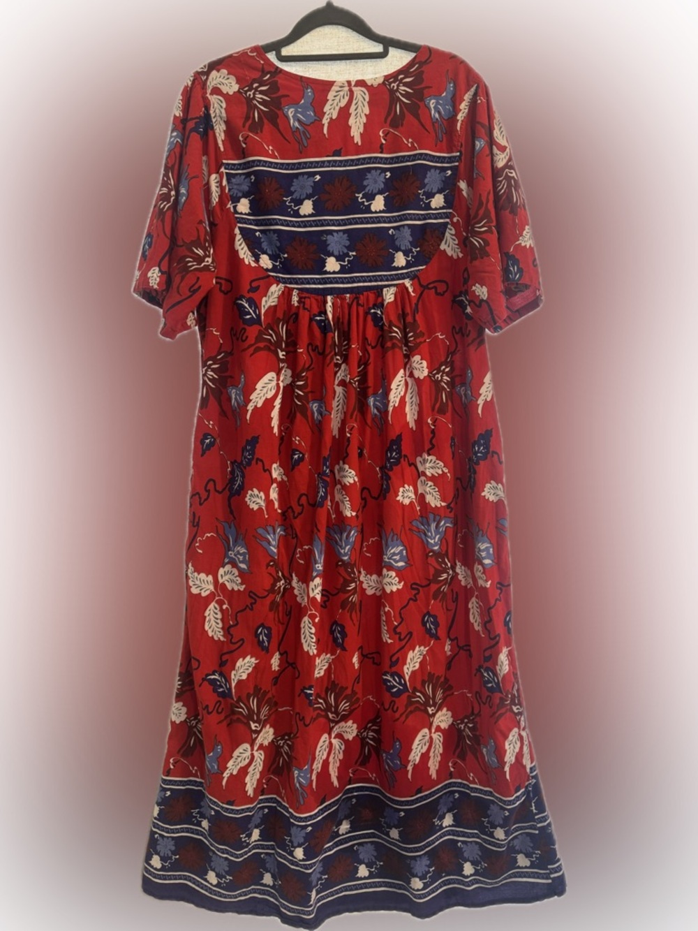 Vtg Anthony Richards Red Blue Floral Cotton Midi Dress L